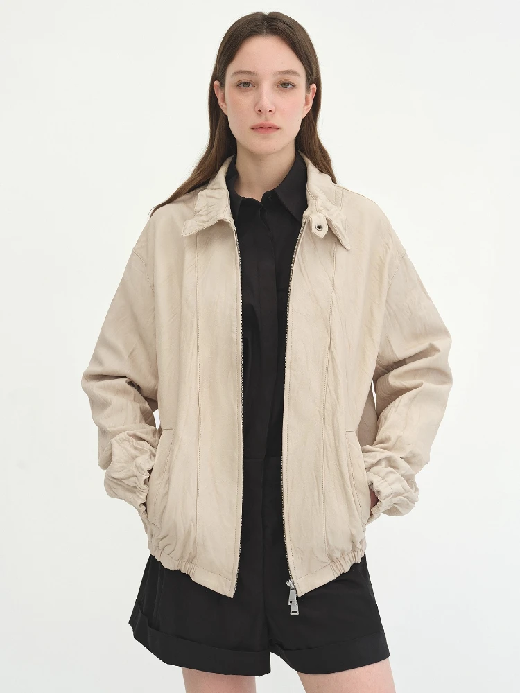 Vintage Echtes Leder Jacken für Frauen Frühling Herbst High-end Einfache Falten Textur Design Lose Beiläufige Echte Schaffell Mantel