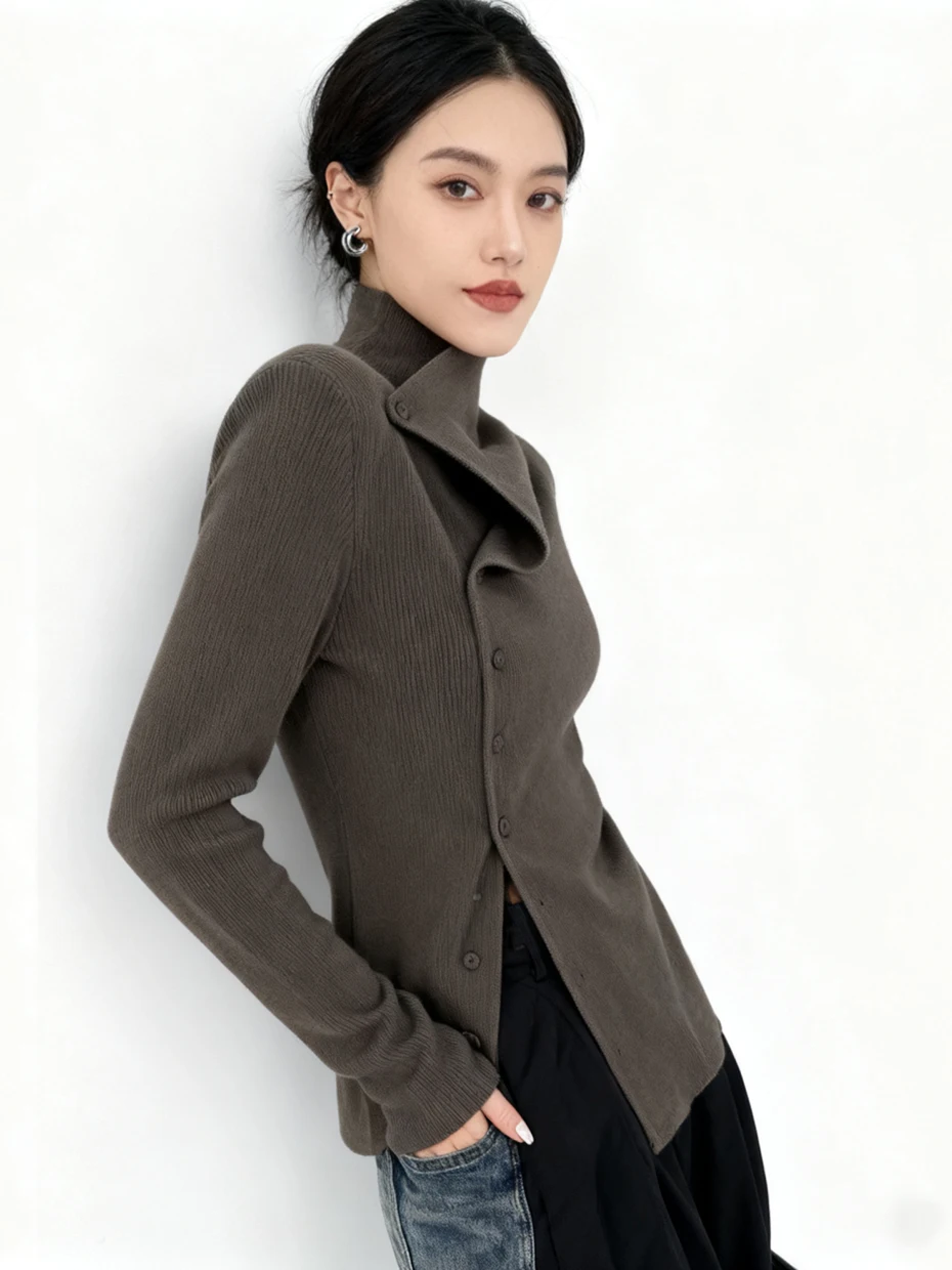 Elegant High Collar Knitted Base Shirt Women's Autumn Winter Inner Wear Asymmetrical Open Cardigan Top French Style Polyester...