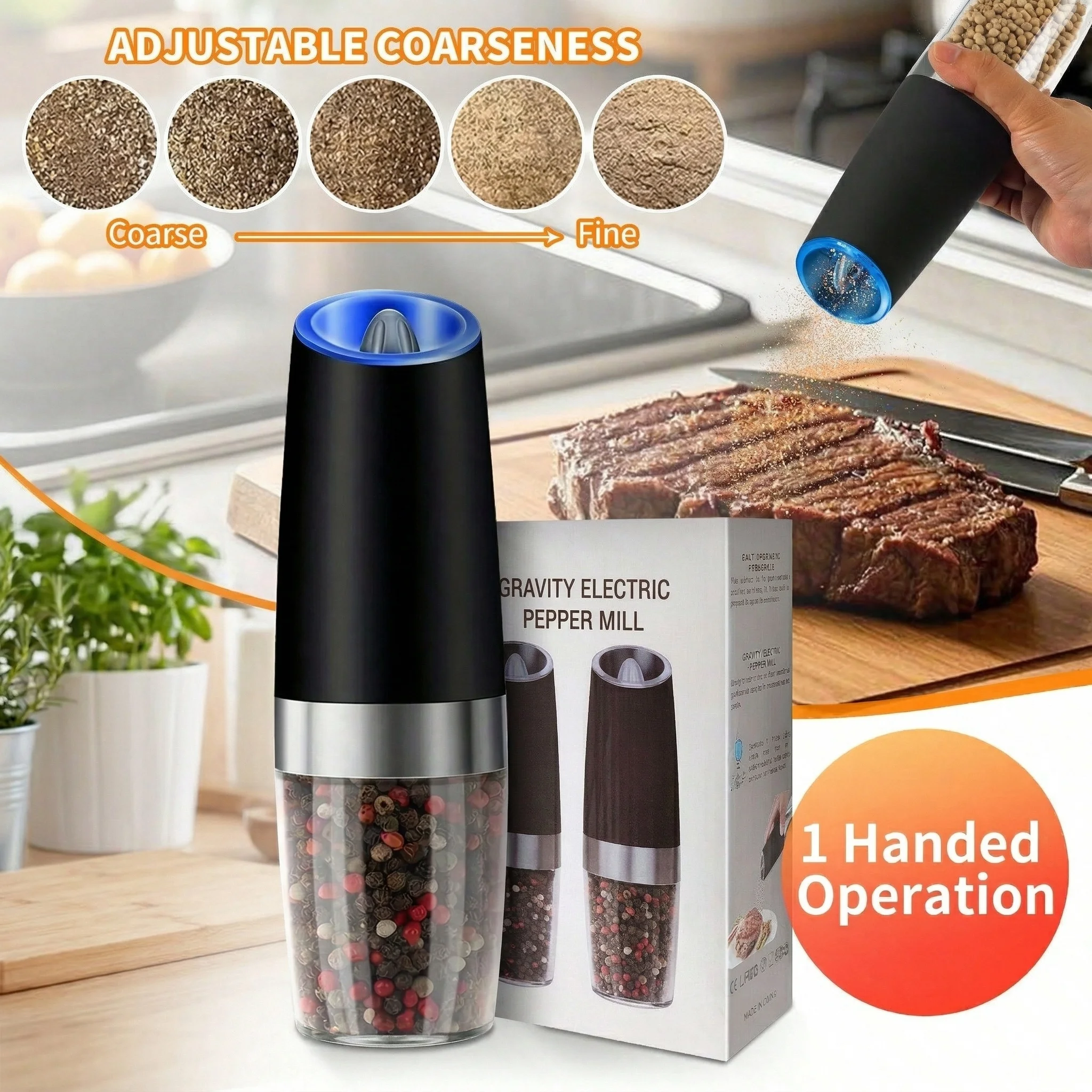Juego de molinillos eléctricos de sal y pimienta por gravedad, operación automática con una sola mano, grosor ajustable, luz LED, 1 ud.