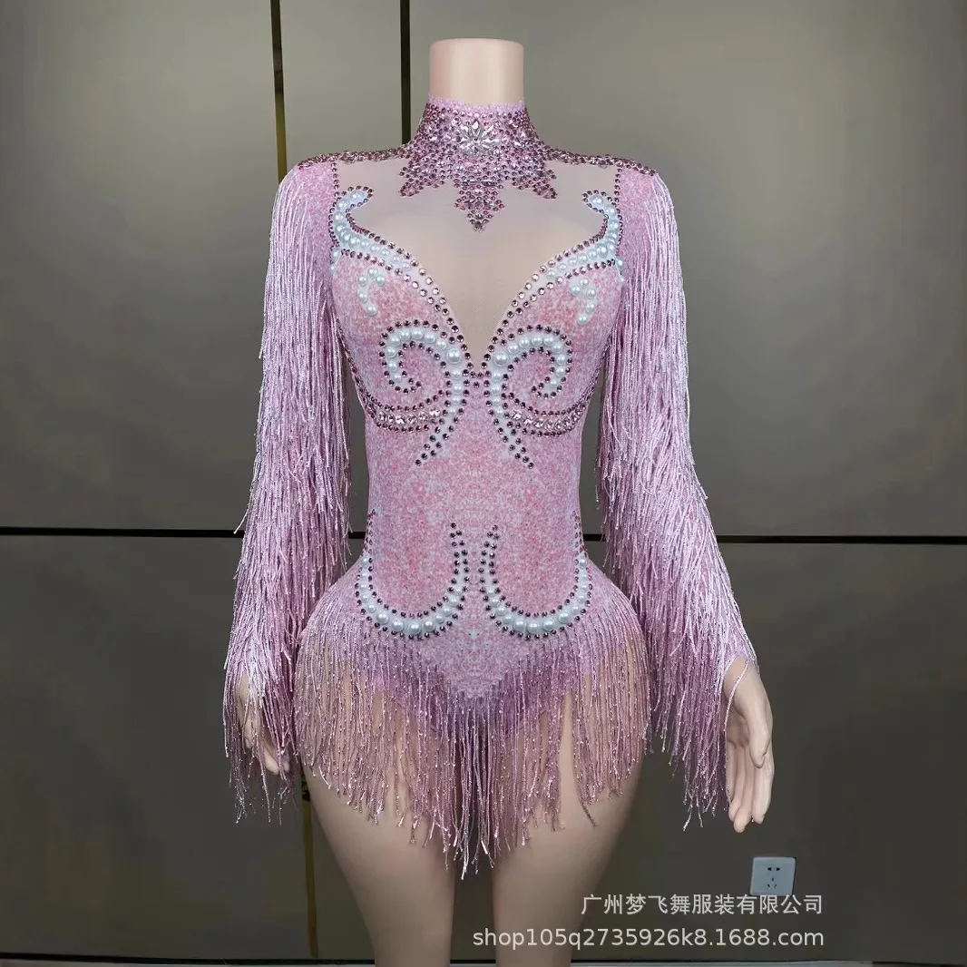 Women Sexy Mesh Performance Dance Dress Nightclub Singer Dancer Stage Costume Shiny Rhinestone Long Sleeve Tassel Jumpsuit