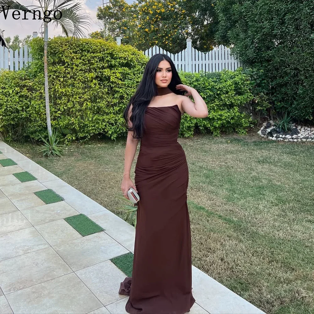 Verngo-vestido de noche de crepé marrón, sirena sin tirantes, vestido para ocasión Formal, elegante plisado, Maxi vestidos de graduación personalizados