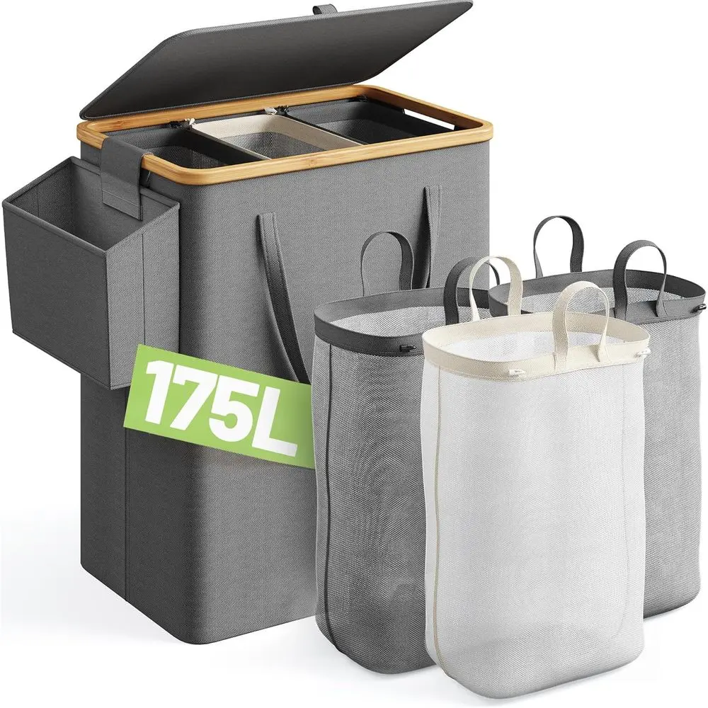 

Extra Large 175L 3-Section Laundry Hamper with Removable Bags, Grey - Ideal for Bedroom, Laundry Room, Dorm