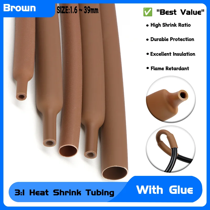 

1~20m Brown 1.6 ~ 39mm Double Wall Adhensive Lined Wire Polyolefin Cable Sleeve Waterproof 3:1 Heat Shrink Tubing With Glue