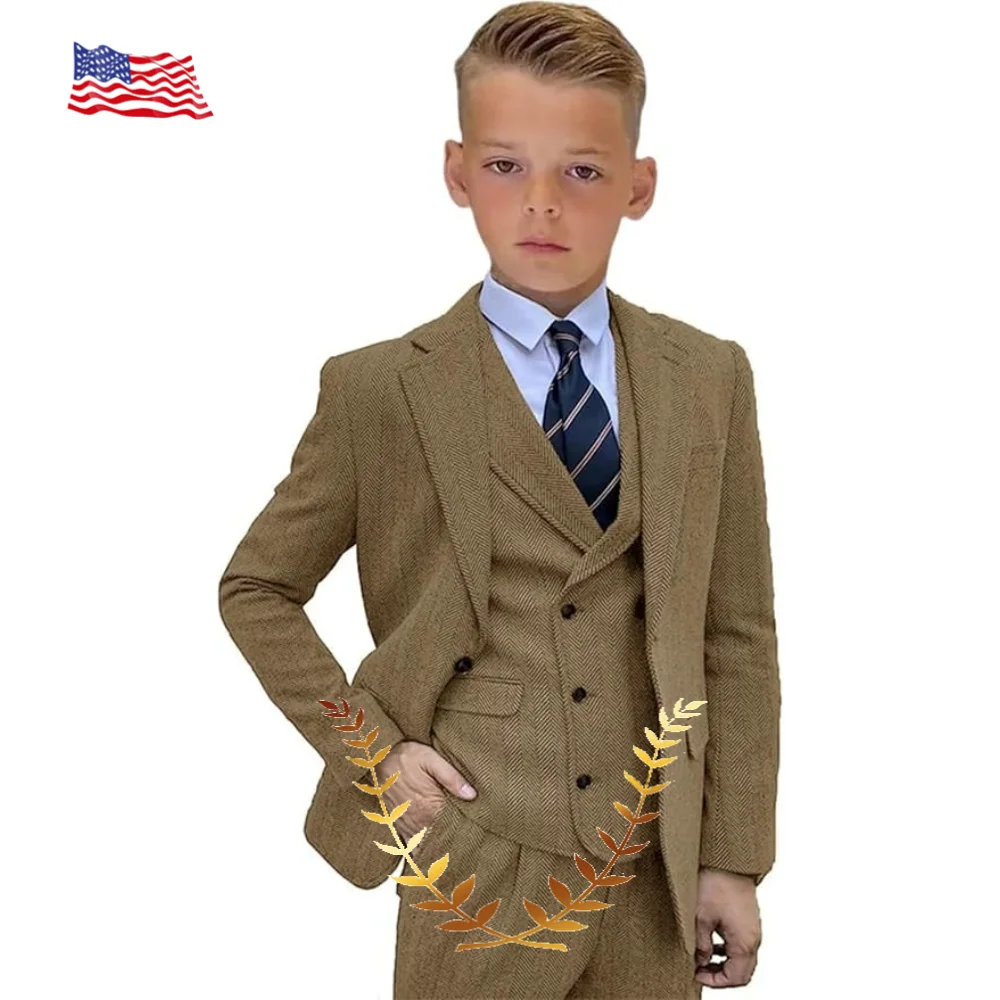 

3 Pieces Boy's Suit Retro Herringbone Jacket Pants Vest Formal Wedding Dinner Party Tuxedos Wool Kids's Blazer Set