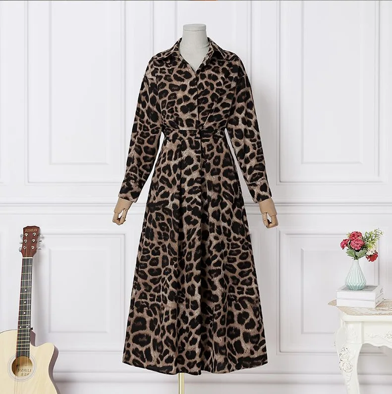 Leopard Print Cotton And Linen Shirt Dress Women Loose Solid A-Line Cardigan Long Dress Pockets Elegant Casual Oversized