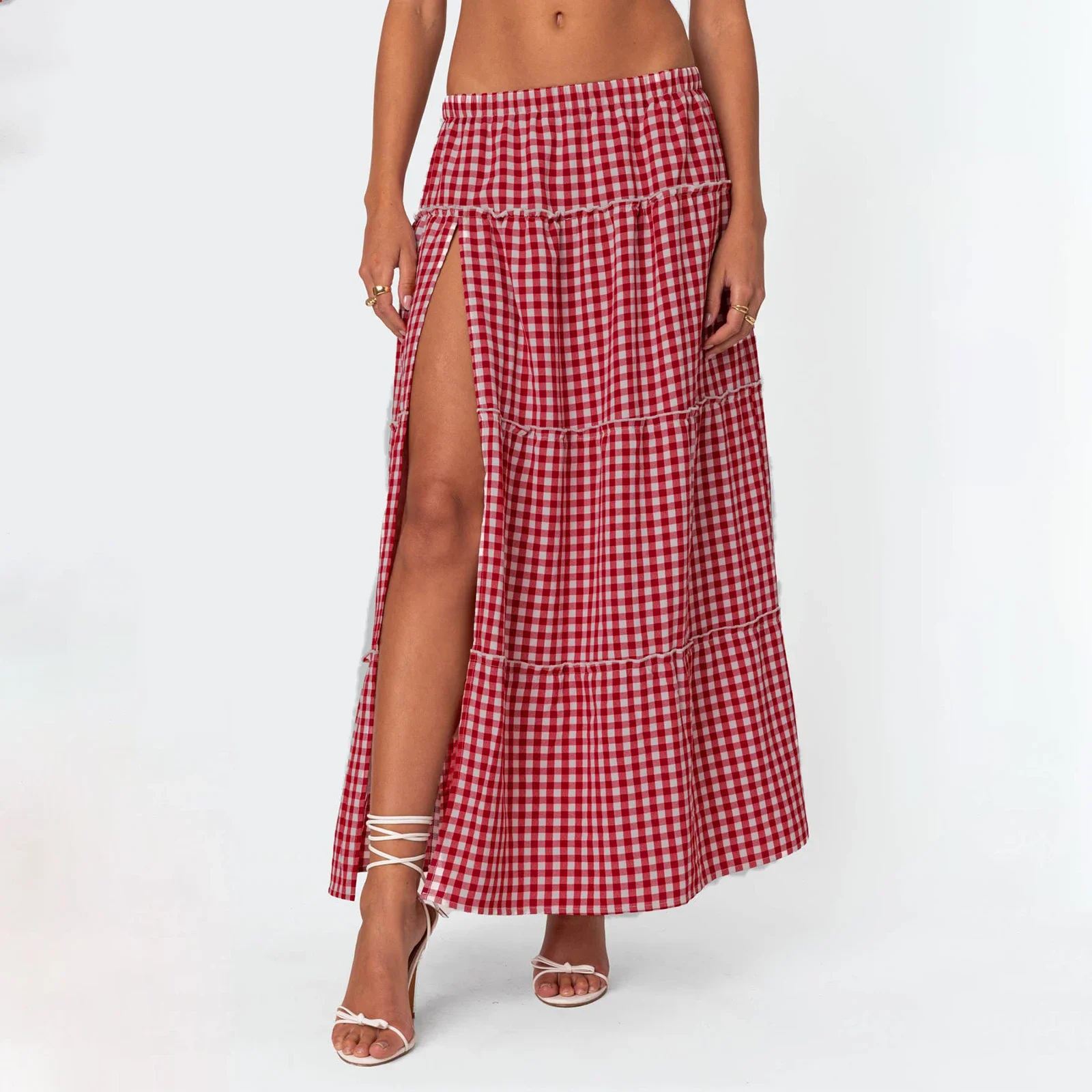 

Combhasaki Women's Summer Y2K Vintage Plaid Print Elastic Low Waist High Split Tiered Ruffled A-Line Long Skirt Beach Streetwear