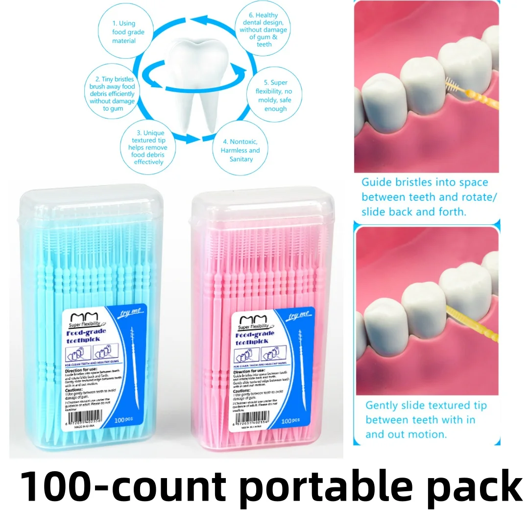 YS00264(1)---Household Disposable Plastic Interdental Brushes, Dual-Head Fishbone Toothpicks in a Box for Teeth Picking