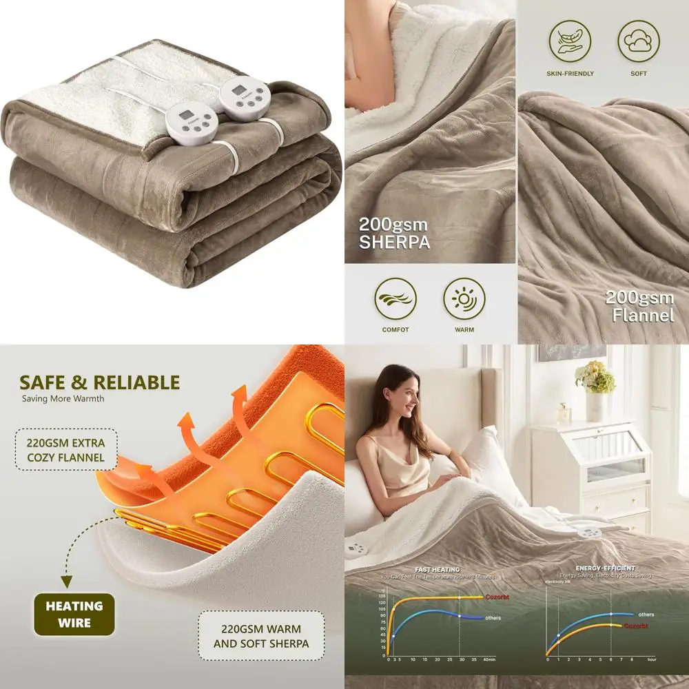 

Электрическое одеяло Queen Size с двойным управлением, 10 режимами нагрева и 12 настройками таймера, моющееся, светло-коричневое
