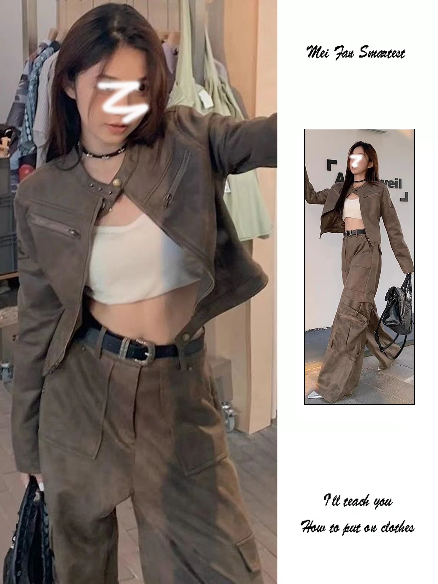 

Retro Brown Jaet Women's ort Sle Fall Season Faionable Slim Fit Leather Coat Zipper Closure Windproof Ladies' Top