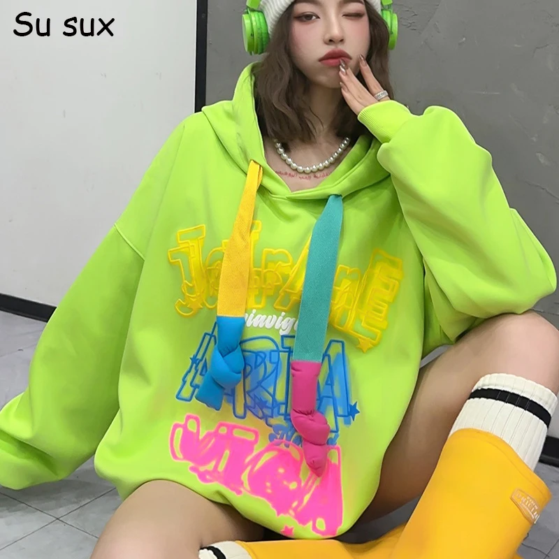 Casual Hoodies Women\'s Sweatshirt 2024 Graffiti Letter Pullovers Long Sleeve Tops Korean Vestidos Streetwear Bust130cm Length72