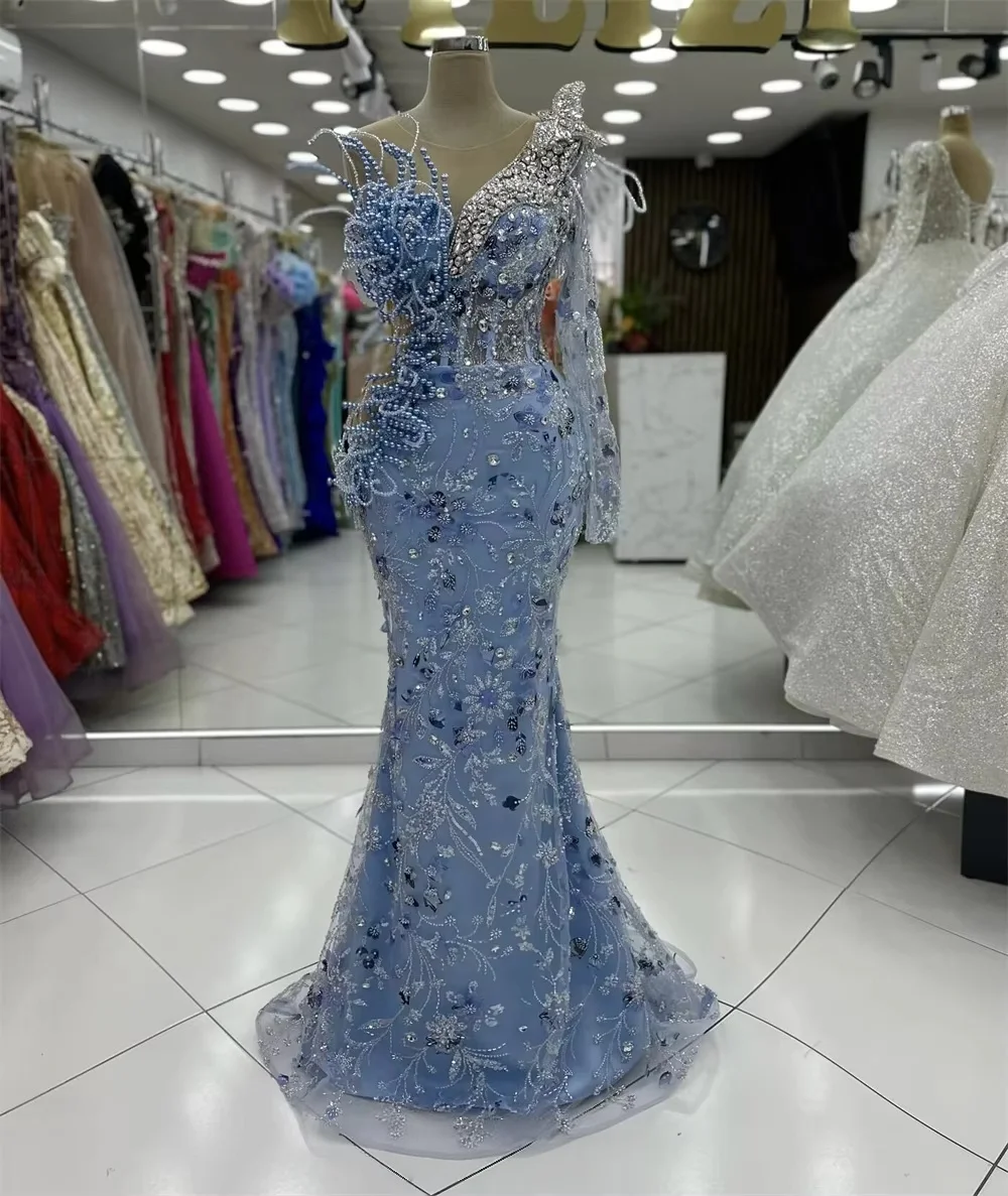 Himmelblaue Abendkleider im orientalischen Stil mit langen Ärmeln, perlenbesetzt, südafrikanisch, Dubai, Saudi-Arabisch, schwarzes Ballkleid für Mädchen, maßgeschneidert