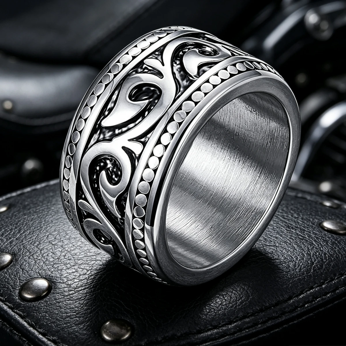 HNSP 316L Stainless Steel Vintage Scroll Vine Carved 13MM Wide Band Ring for Men Biker Punk Antiqued Oxidized Statement Ring