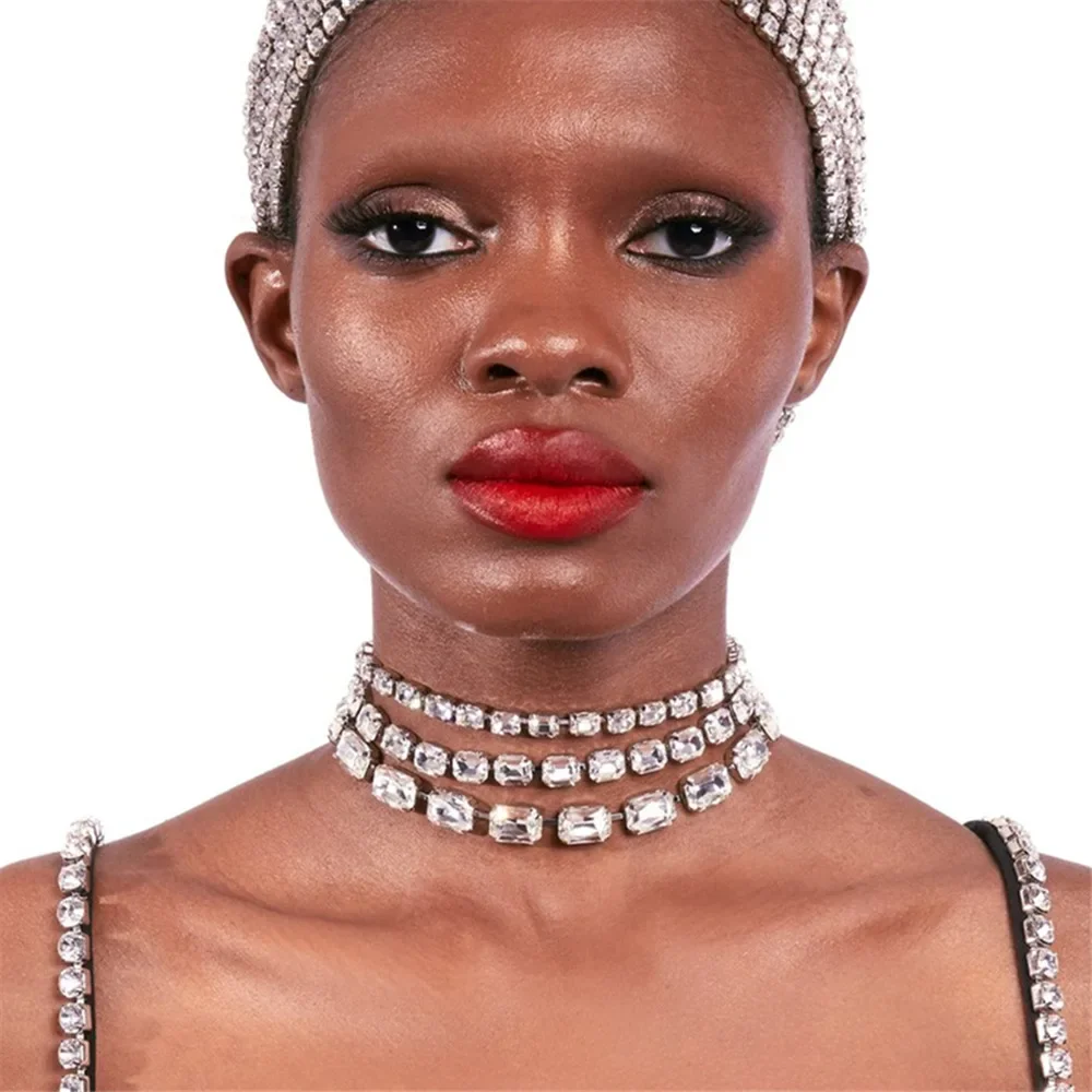Hot Large Rhinestone Necklace Statement Jewelry for Women Christmas Party Gifts Handmade 3 Rows Crystal Collar Choker Necklace