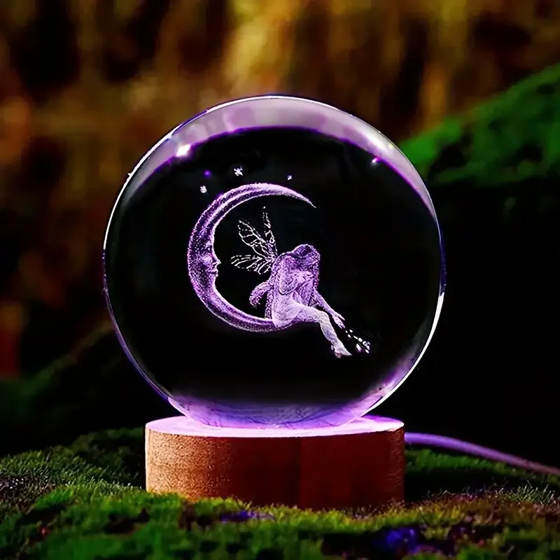 1 pc crystal ball colorful night light, 3D moon and fairy laser carved night light, creative birthday gift for girlfriend\'s wife