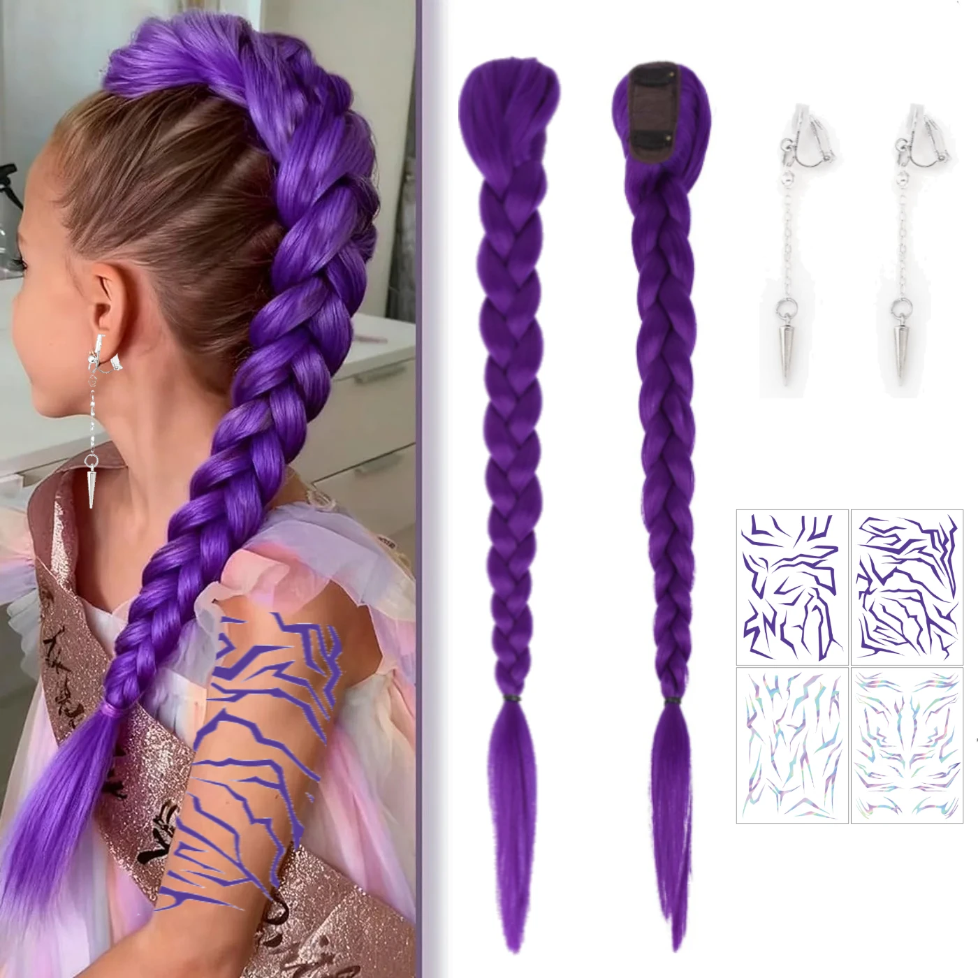 Anime Character Cosplay Purple Braid Clip in Ponytail Hair Extension Long Hairpieces tattoo stickers+earrings Cosplay for Kids