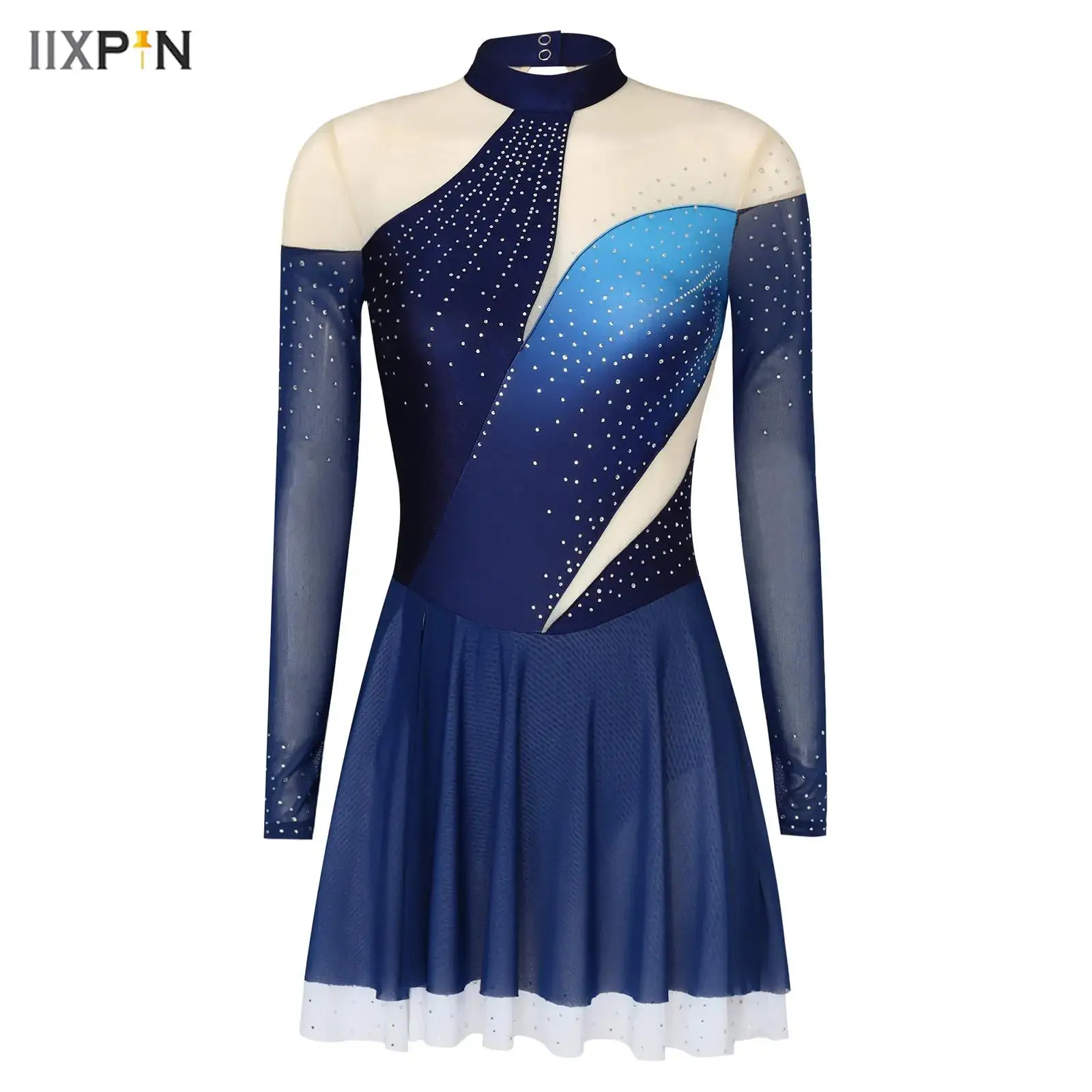 

Women Figure Skating Dress Shiny Rhinestones Gradient Color Mesh Long Sleeve Back Cut Ruffled Dress Ballet Lyrical Dance Costume