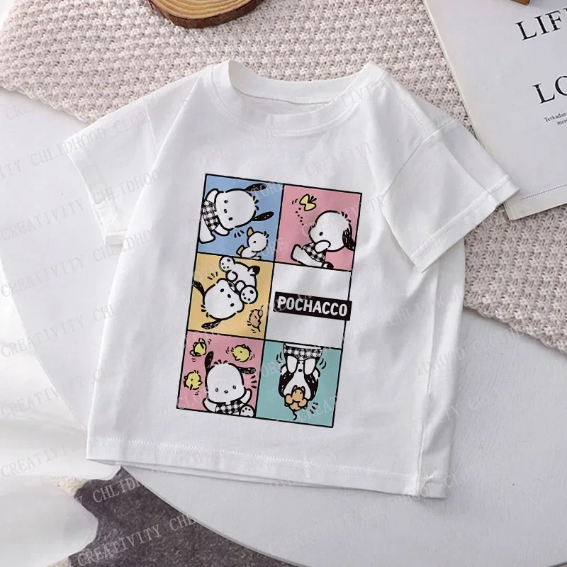 Neue pocha ccos T-Shirt Kinder Anime Kawaii drucken T-Shirts Cartoons Freizeit kleidung Kurzarm Y2k T-Shirt Kind Mädchen Junge Tops