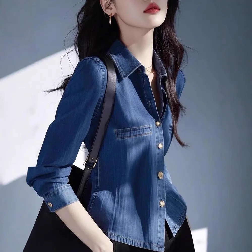 

Blue denim shirt 2026 spring French waist cinching slimming princess shirt top for women