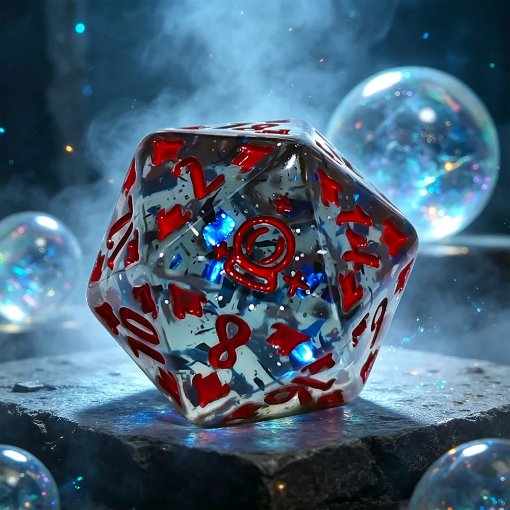 DND Polyhedral Dice Set 7pcs Transparent Wizard Theme Gray with Red Symbols MTG RPG Polyhedral Dice Set Resin with Red Icons