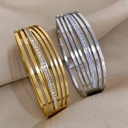 ALLYES 316L Stainless Steel Zircon Bracelets for Women Fashion Gold Silver Color Multilayer Line Wide Bangles Waterproof Jewelry