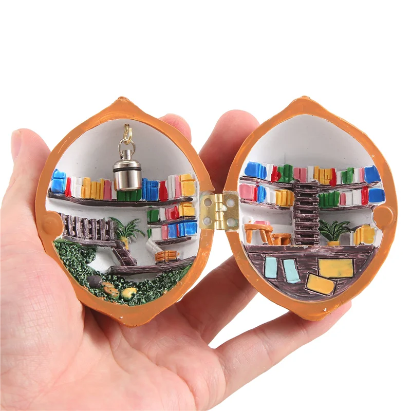 ABKJ-Walnut Shell Dollhouse, Mini House Library,Handmade Walnut Shell Doll House, Resin Nut Secret 3D Scene,Resin Miniature