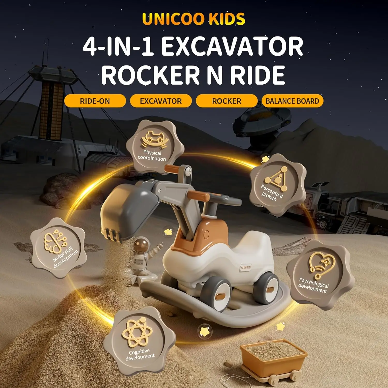 4-w-1 koparka Rocker n Ride, rowerek biegowy dziecięcy do jazdy z odczepianym Balance Board, fotel bujany dla malucha, ruchomym ramieniem,