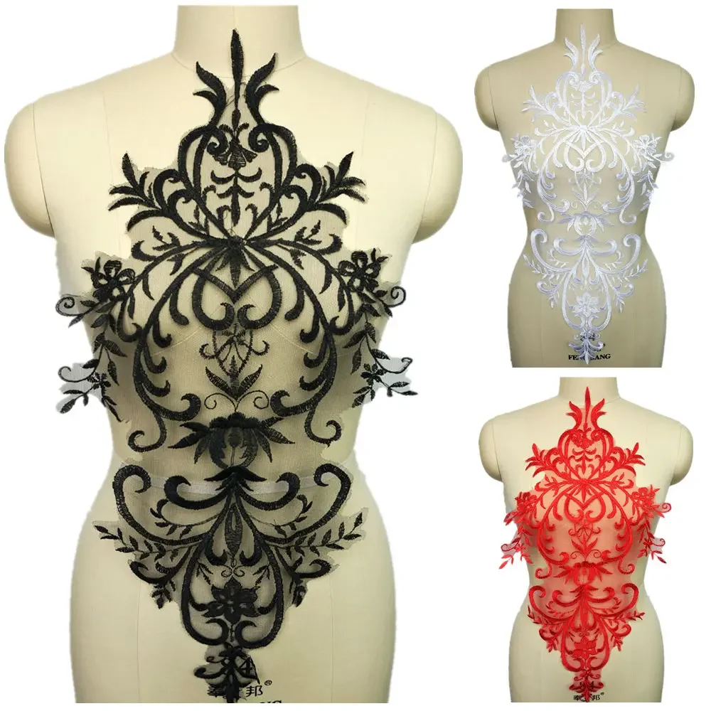 Black White Red Lace Fabric Embroidered Wedding Gown Appliques Baroque Trims Collar Mesh Sew On Patches For Dress DIY Decoration