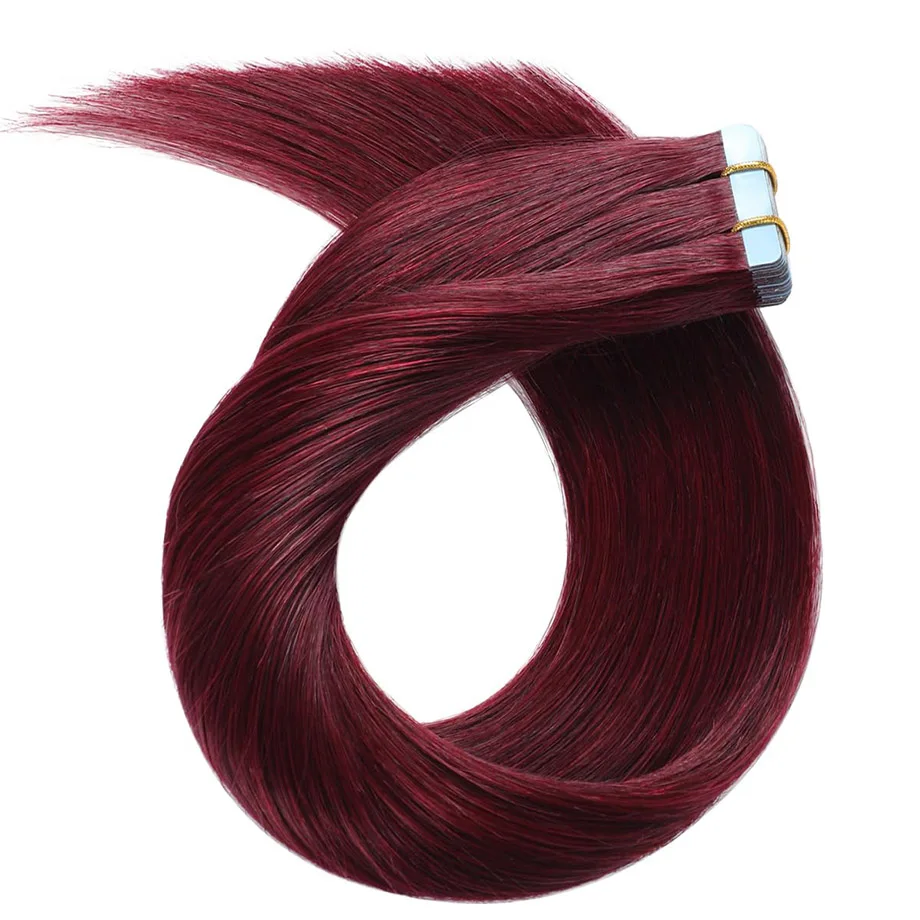 100% Human Hair Tape In Human Hair Extensions Straight Natural Remy Seamless Invisible Double Side Skin Weft Adhesive Burgundy