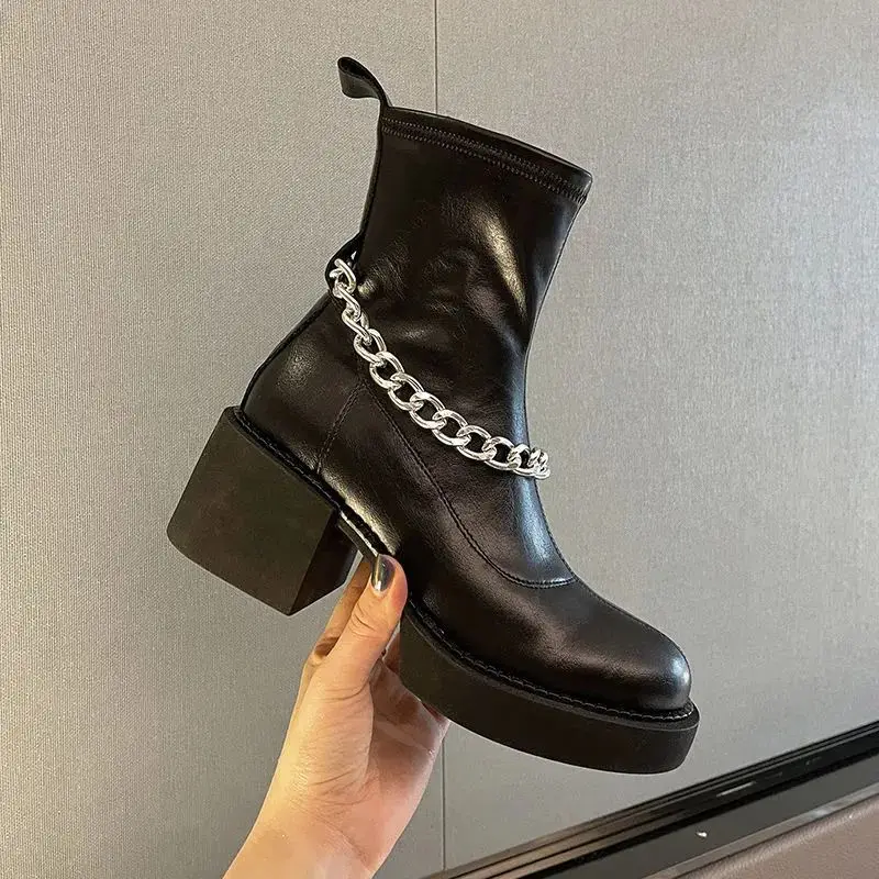 Botki damskie czarne krótkie buty damskie botki na platformie eleganckie buty na średnim obcasie buty Punk Style Chunky Combat Pu