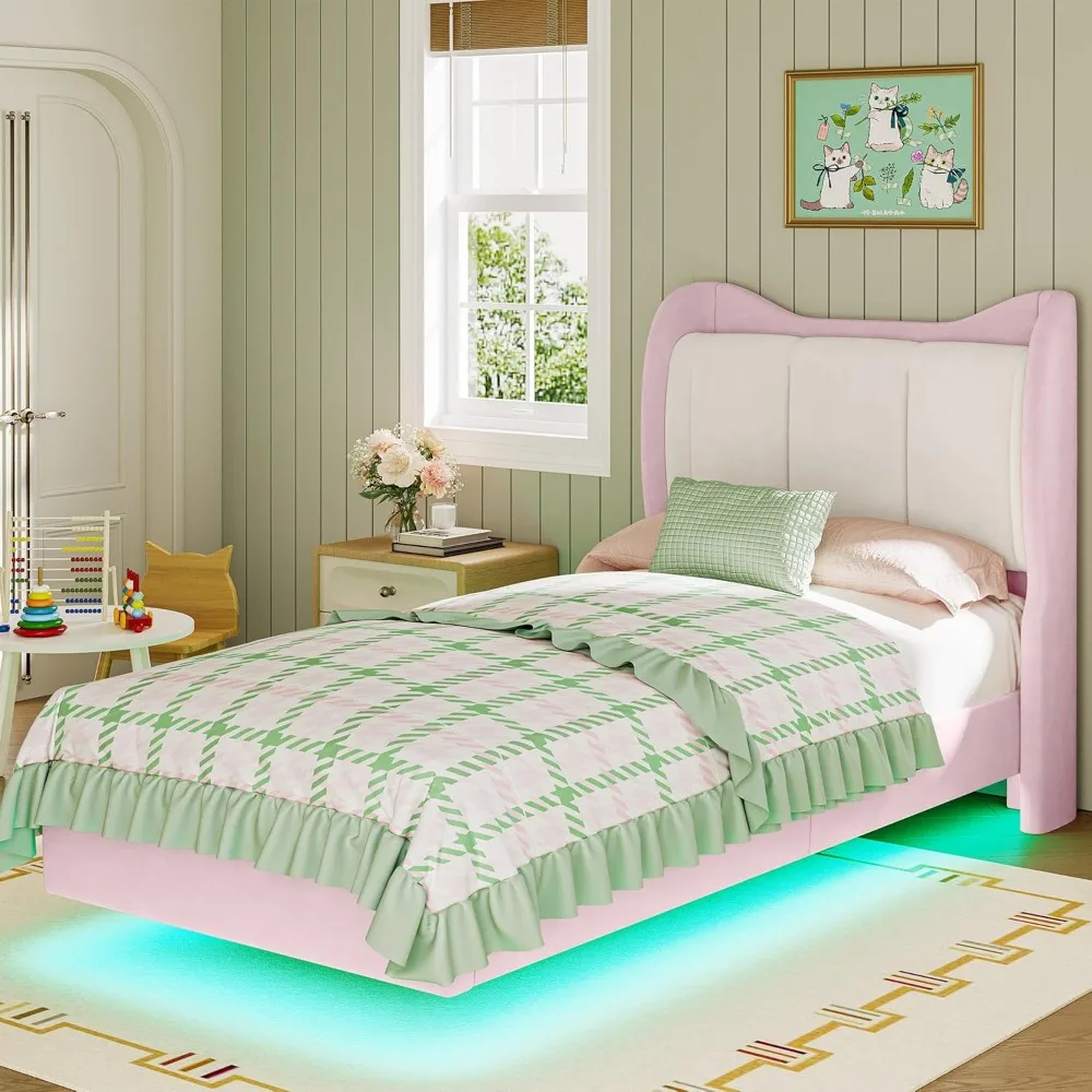 

Bed Frame with Headboard, Velvet Upholstered Platform Bed with LED Light, Solid Wood Slats Support, No Box Spring Needed