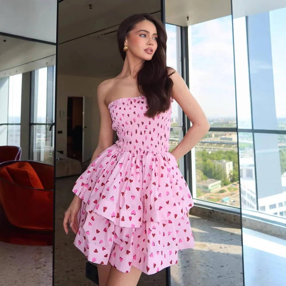 

Новая летняя женская одежда Sweet Wind, романтическое платье с принтом «Любовь», топ-труба с лямкой на шее и высокой талией, короткое платье-торт
