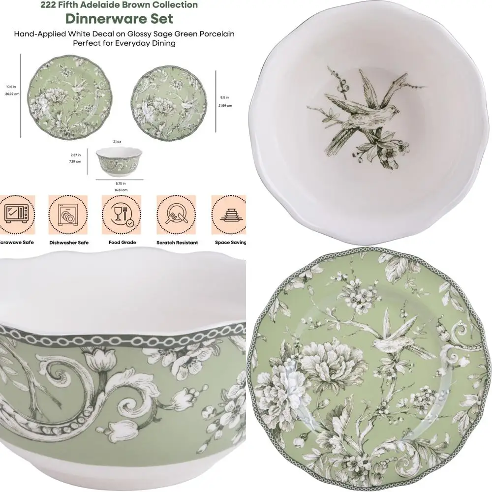 

Adelaide Sage 12-Piece Porcelain Dinnerware Set: 4-Person Service with Dinner, Salad Plates & Bowls, Durable, Dishwasher Safe fo