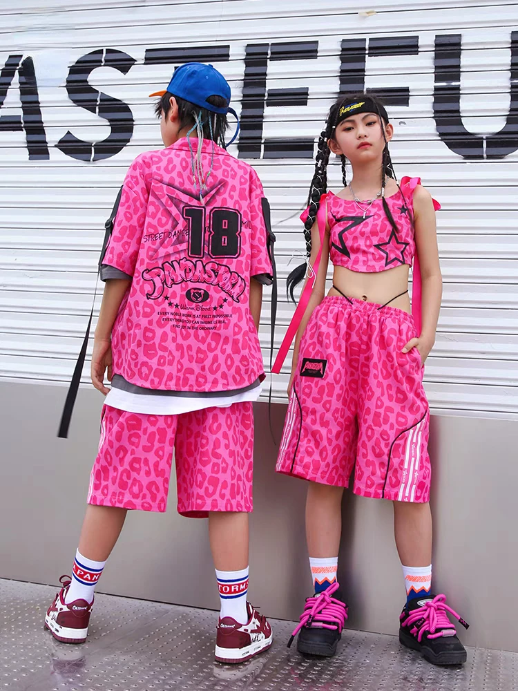 Kids Street Dance Hip Hop Clothes Boys Pink Print Shirt Shorts Girls Jazz Modern Dance Performance Costume Teenagers Casual Wear