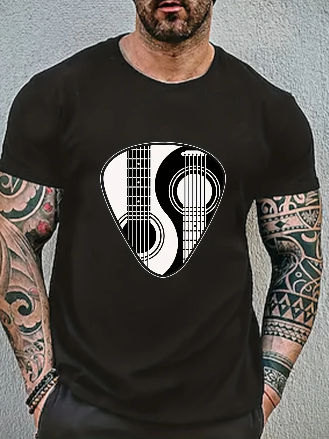 Yin Yang Guitar Passion - Men's Soft Graphic T-Shirt, Cool Print, Lightweight Summer Casual Sport Style Shirt