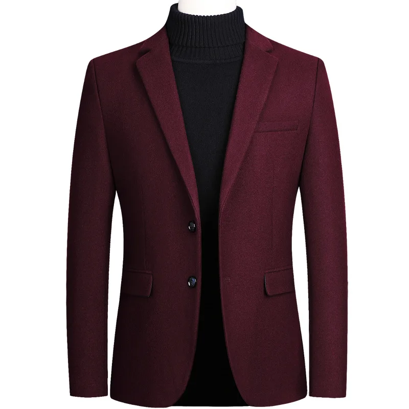 Men\'s Woolen Blazer Jacket Coats Notch Lapel Collar Suit Coat Slim Fit Male Casual Business Wool Men\'s Jacket For Spring Winter