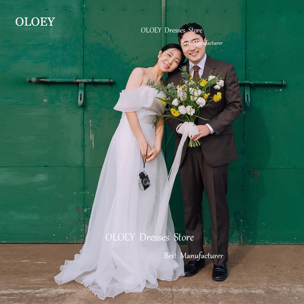 OLOEY Simple A Line Organza Wedding Dresses Korea Photoshoot Off Shoulder Sleeves Floor Length Bridal Gowns Custom Made