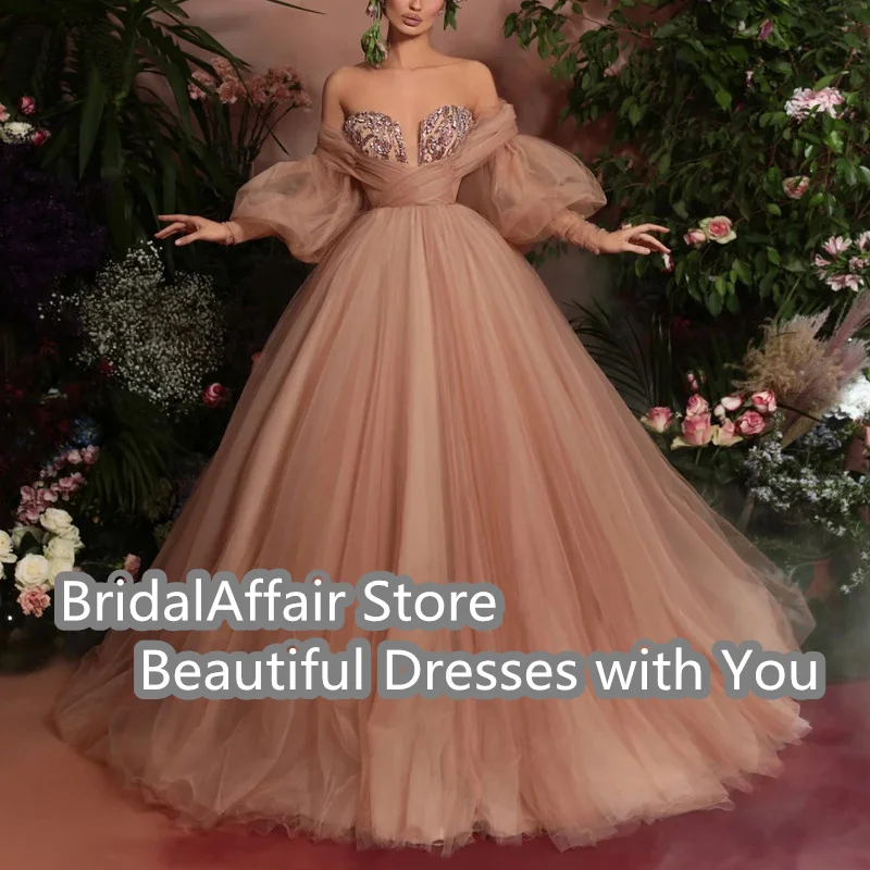 Nude Puffy Tulle Ball Gown Prom Dresses Long Sleeve Sweetheart Off Shoulder Dubai Women Formal Dress Evening Gowns Plus Size