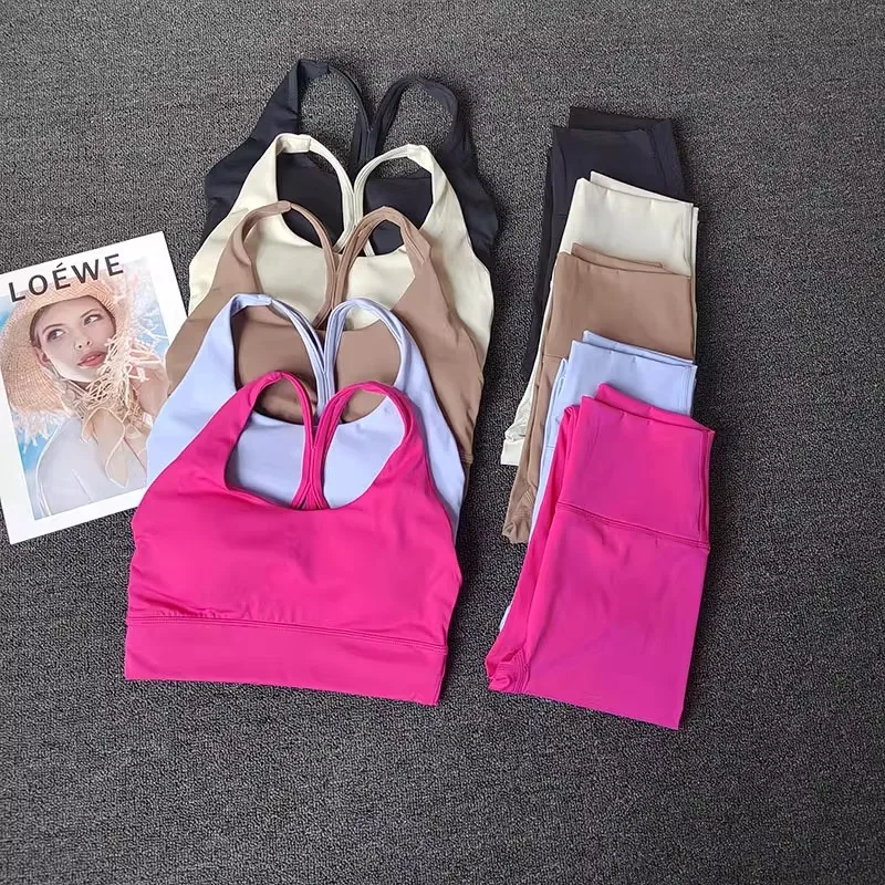 Yoga Suit High Waist Hip Lifting Leggings Sports Bras Set Beautiful Back Shockproof Fixed Cup Sports Underwear Outside Fitness