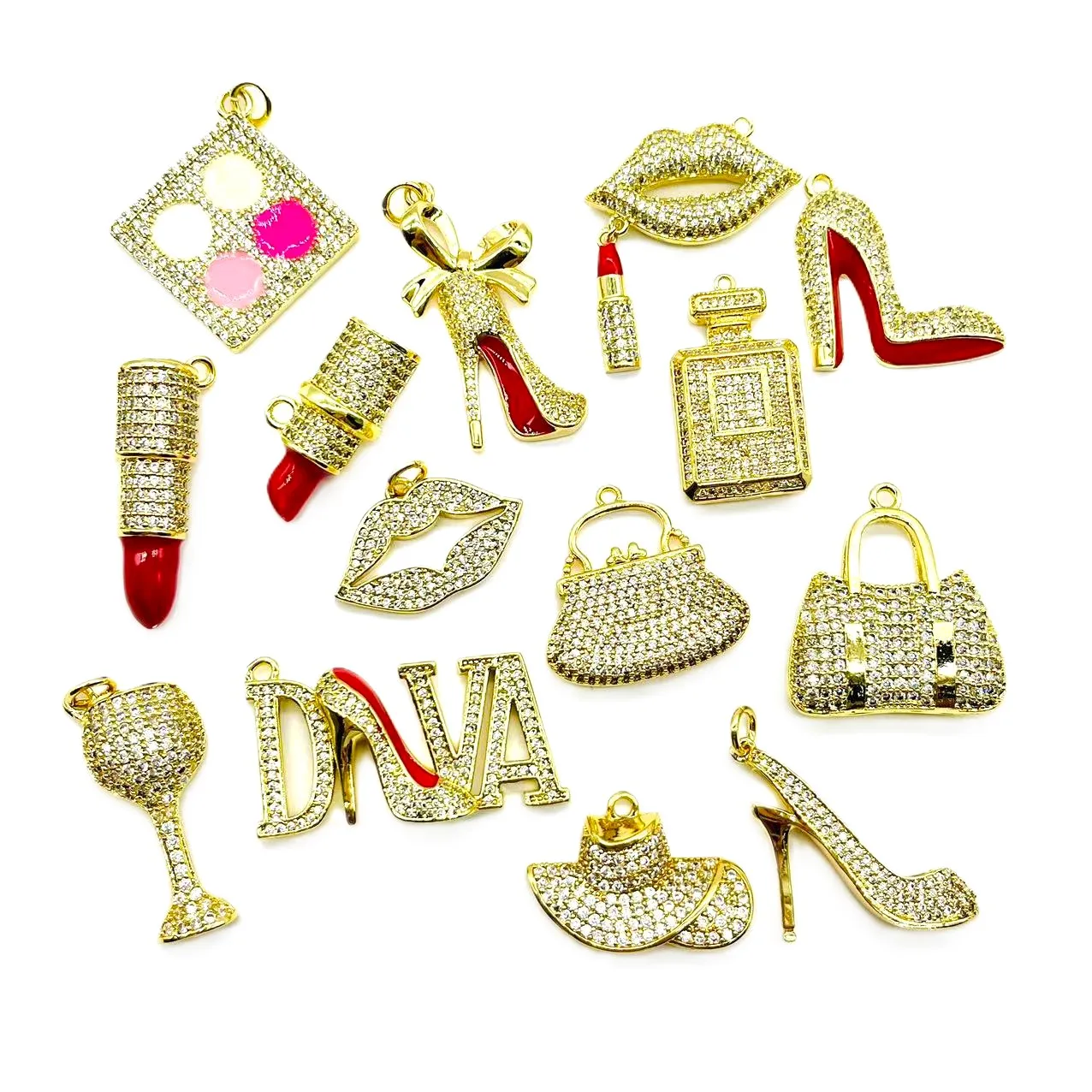 14 teile/los Zirkonia Pflaster Mode Tasche Lippenstift Hut High Heel Hut Charms Bundle für Custom Design Armband Schmuck herstellung