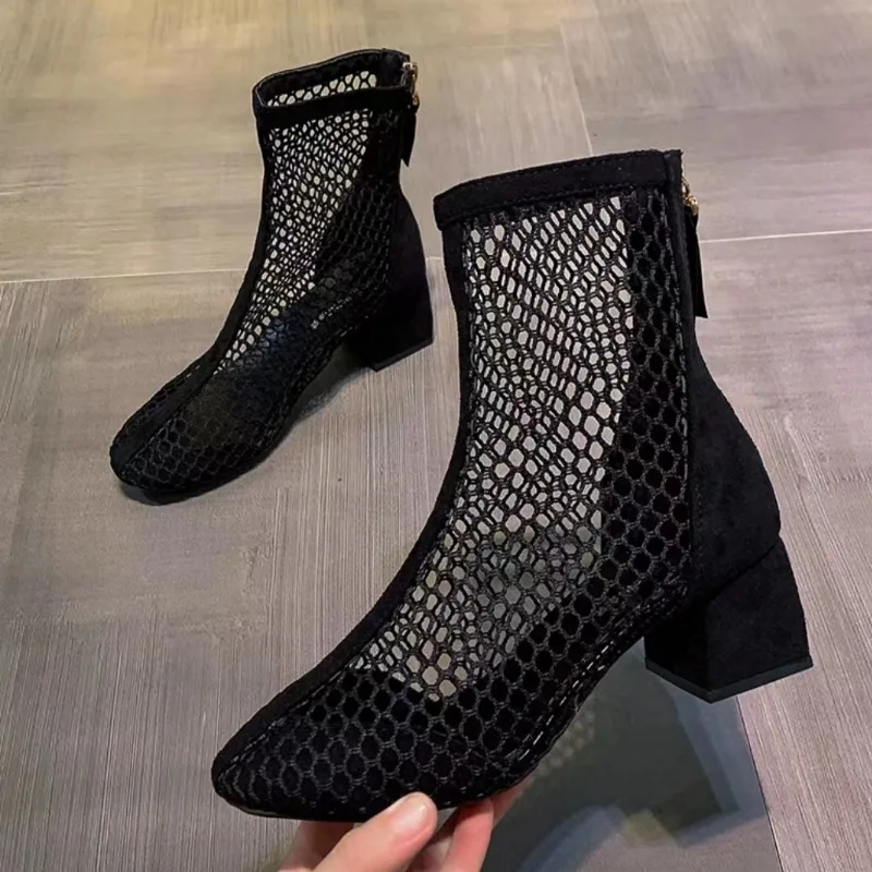 mesh short tube women's boots new summer breathable high heels thin cut hollow thick heel cool boots women's fashionable sandals