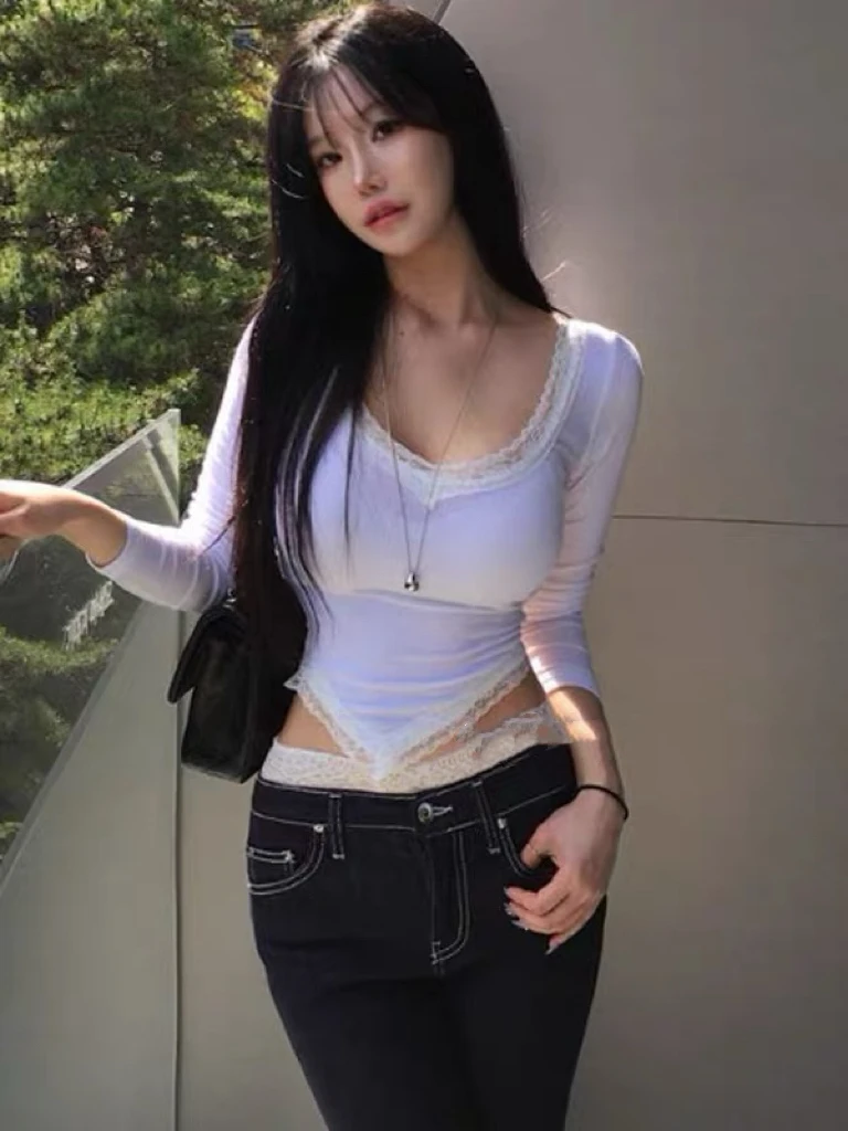 Dongda Gate New PY160 Recommended Pure Desire Lace V-neck Irregular Short Long Sleeve T-shirt Women Sexy Style High Waist