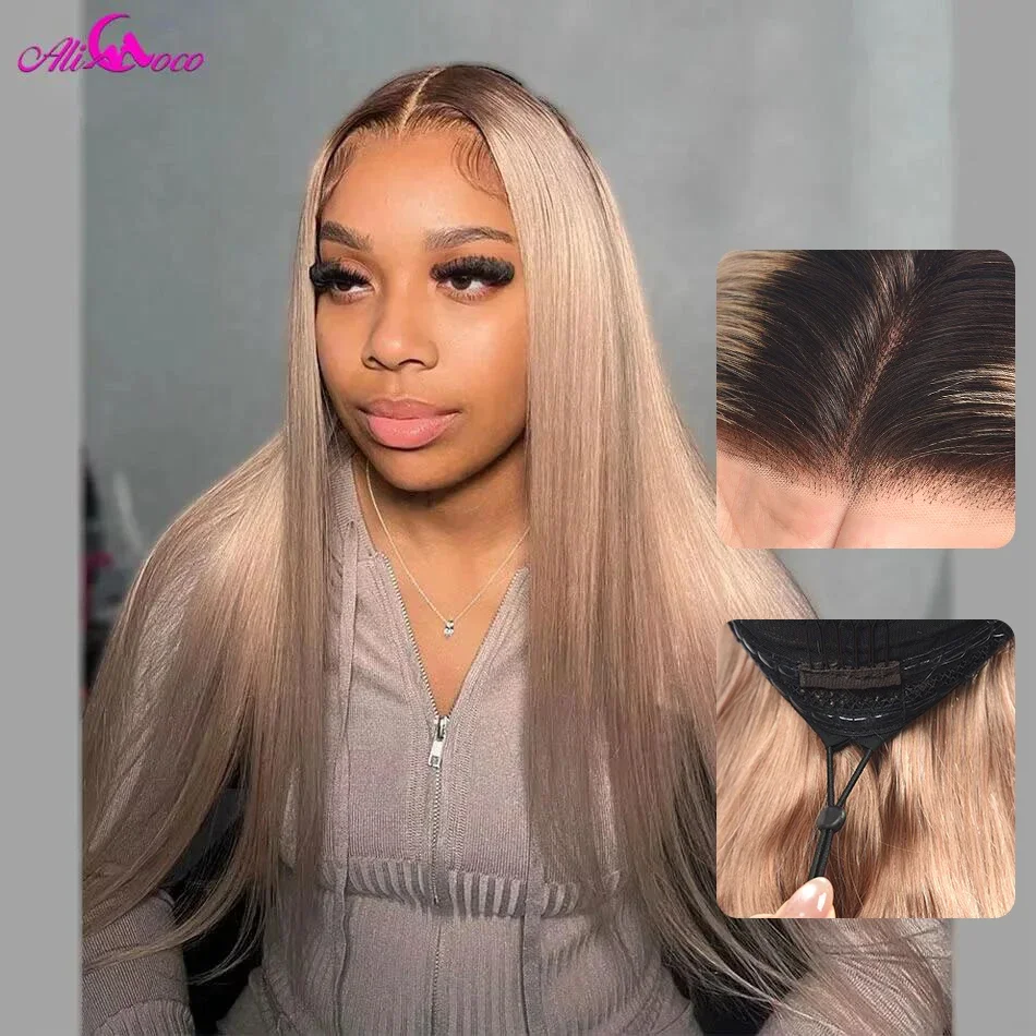 13x6 Gerade Perücke mit Kordelzug aus Echthaar, vorgezupft, brauner Ansatz, aschblonde Perücke aus Echthaar, 13x6 Glueless Lace Front Echthaarperücke