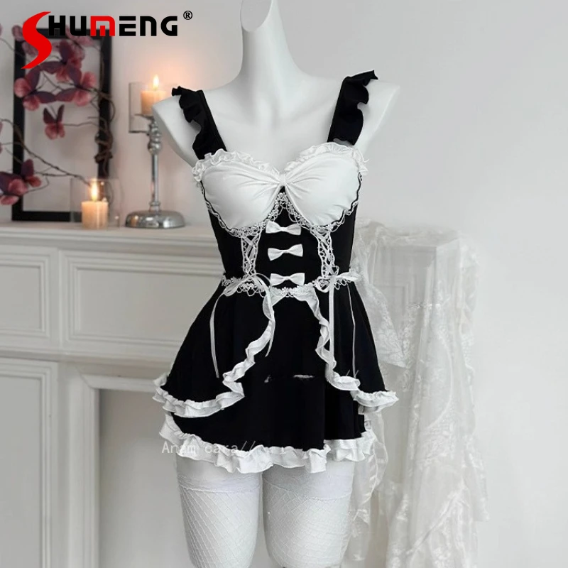 

Sexy Maid Nightdress Uniform Set Sleeveless Casual Lounge Sleepwear for Women Date Cosplay Maid Lingerie Sleepshirts Female