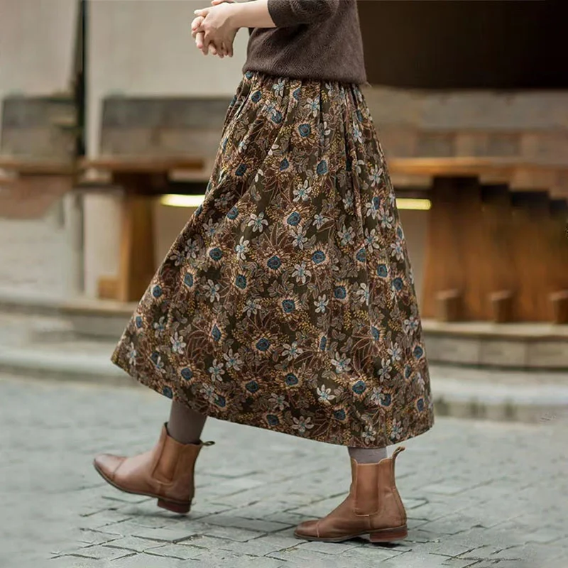 2024 frühling Herbst Neue Rock Frauen 100 % Baumwolle Elastische Taille Röcke Sommer Retro Gedruckt Mid-Lange Große Größe Lose rock Weibliche