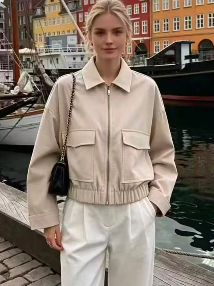 Fashion Coats For Women Turn Down Collar Jackets Zipper Cardigan Coat Outerwear Leisure Pockets Decoration Solid Loose Jacket