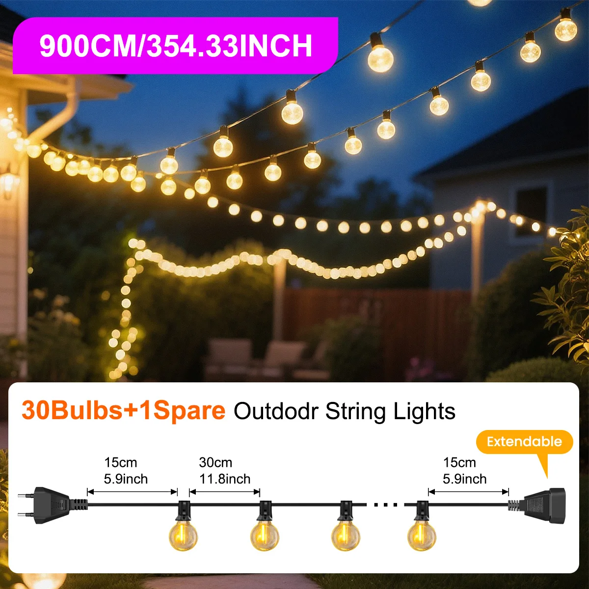 30M/15M G40 LED Globe Lichtslingers Buiten met EU-stekker, waterdichte aaneenschakelbare hanglamp voor feesttuinbalkon