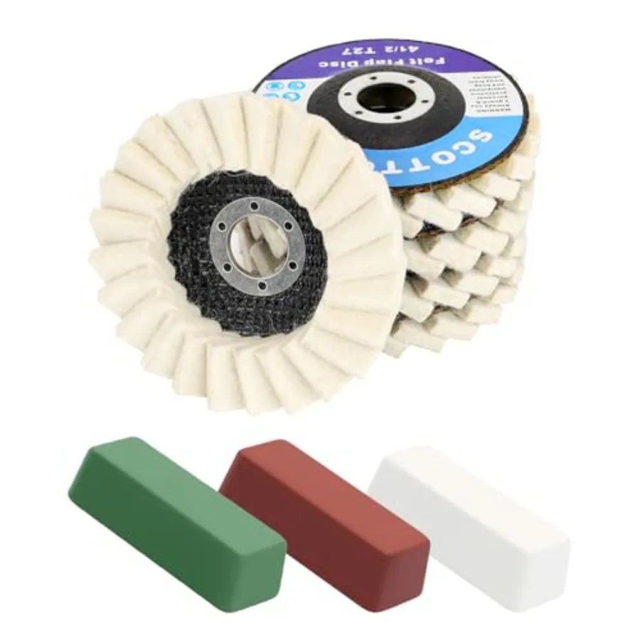 

Felt Flap Disc Abrasives 4-1/2" x 7/8" Arbor for Angle Grinder, with Buffing Polishing Cutting Compounds 4 Oz. Kit-Green Fine/W