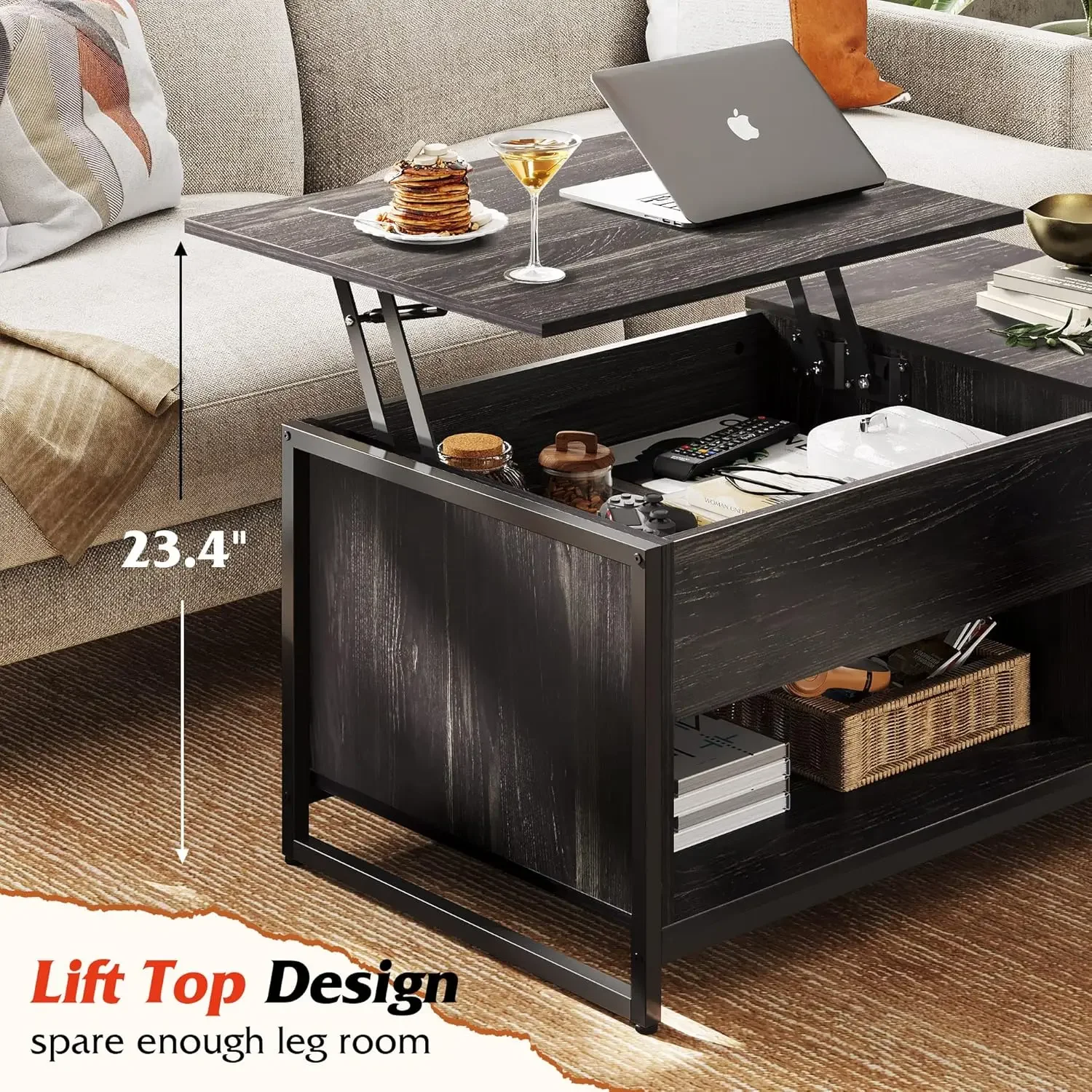Coffee Table, 41.7" Lift Top Coffee Table with Hidden Compartment and Storage Cabinet, Wood Center Table ，Black