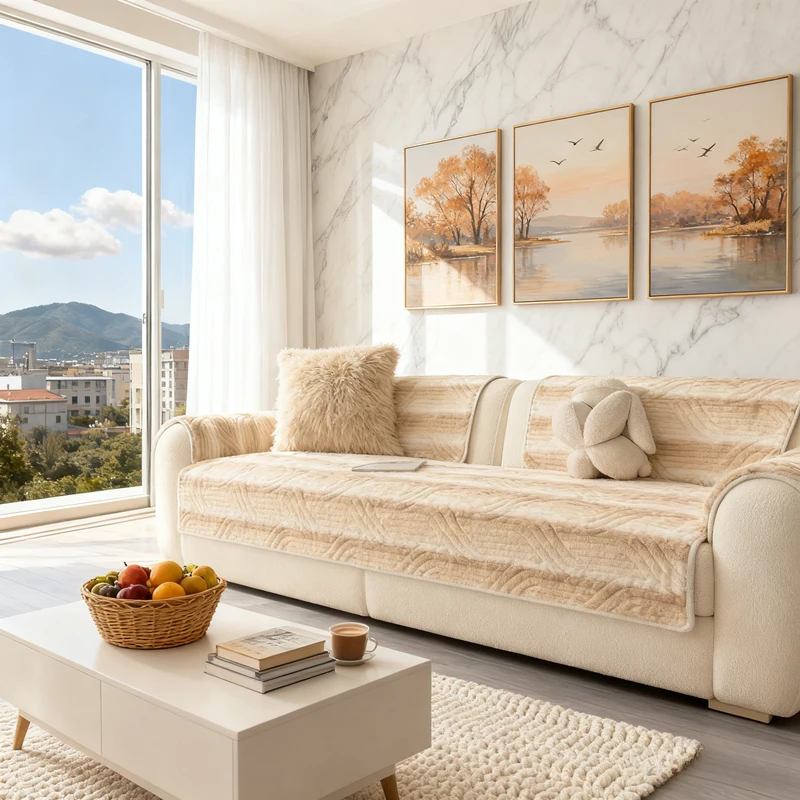 

Thick Rabbit Plush Sofa Cover Universal Plush Non-Slip for Living Room Sofa Cover Warm Sofa Cushion Armrest Back Towel Home