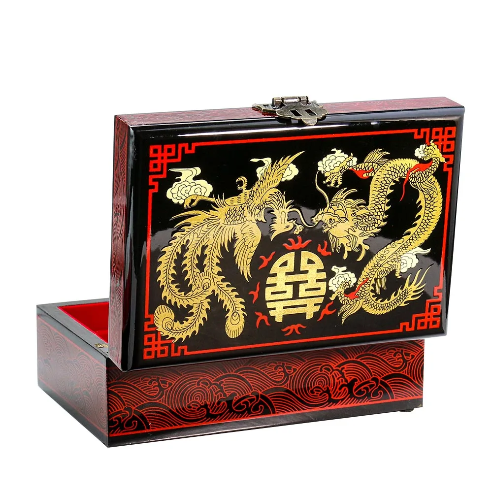 Double Happy Character Dragon Phoenix Chengxiang Traditional Lacquerware Wood Double Layer Wedding Dressing Jewelry Mirror Box